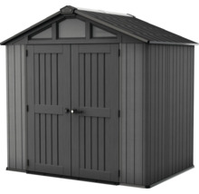 Gerätehaus aus Kunststoff mit Satteldach, Doppeltür und Fenstern im Giebel, Grau.