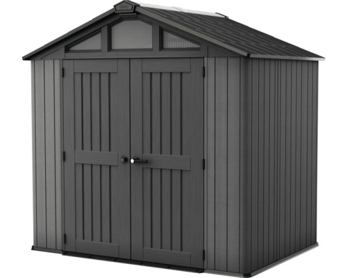 Gerätehaus aus Kunststoff mit Satteldach, Doppeltür und Fenstern im Giebel, Grau.