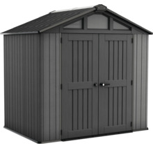 Gerätehaus aus Kunststoff in Anthrazit mit Satteldach und Doppeltür.