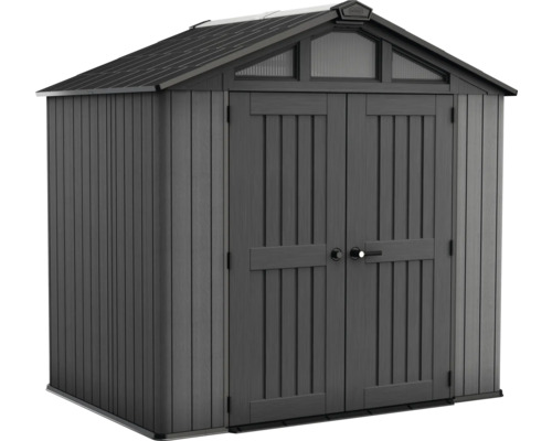 Gerätehaus aus Kunststoff in Anthrazit mit Satteldach und Doppeltür.