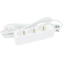 Weiße 3-fach Steckdosenleiste mit Kabel und Stecker.
