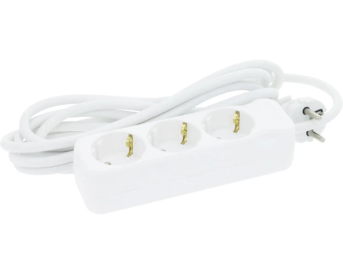 Weiße 3-fach Steckdosenleiste mit Kabel und Stecker.