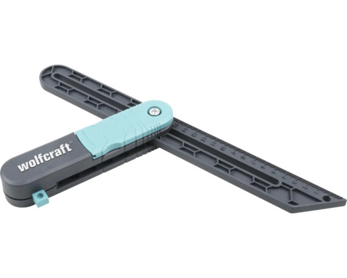 wolfcraft Schmiege aus Kunststoff in Grau und Türkis mit integrierter Skala zum Messen und Übertragen von Winkeln.