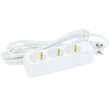 Weiße 3-fach Steckdosenleiste mit Kabel und Stecker.