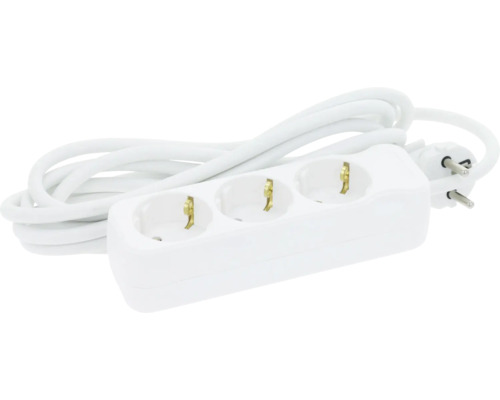 Weiße 3-fach Steckdosenleiste mit Kabel und Stecker.