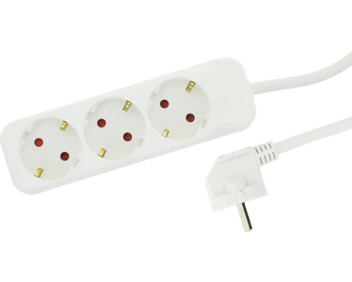 Weiße 3-fach-Steckdosenleiste mit Schutzkontakt-Steckdosen, Kindersicherung und flachem Winkelstecker.