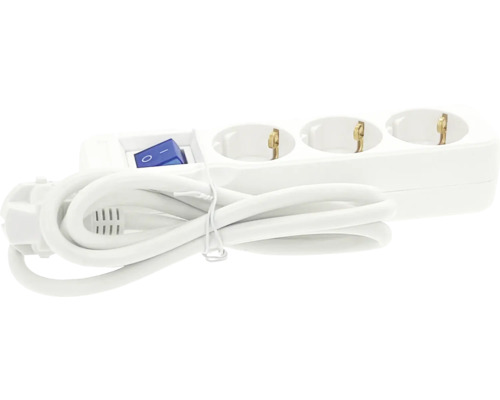 Weiße 3-fach-Steckdosenleiste mit Schalter und aufgewickeltem Kabel.