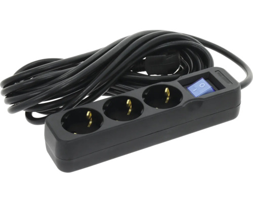 Schwarze 3-fach Steckdosenleiste mit beleuchtetem Ein- und Ausschalter und langem Kabel.