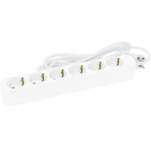 Weiße 6-fach Steckdosenleiste aus Kunststoff mit Kabel und Schutzkontaktstecker.