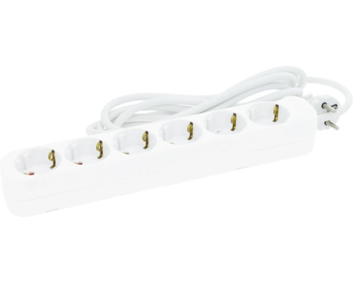 Weiße 6-fach Steckdosenleiste aus Kunststoff mit Kabel und Schutzkontaktstecker.