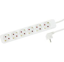 Weiße 6-fach-Steckdosenleiste mit Schutzkontakt-Steckdosen und Winkelstecker.