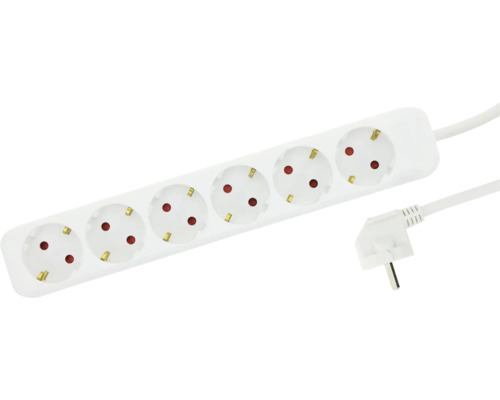 Weiße 6-fach-Steckdosenleiste mit Schutzkontakt-Steckdosen und Winkelstecker.