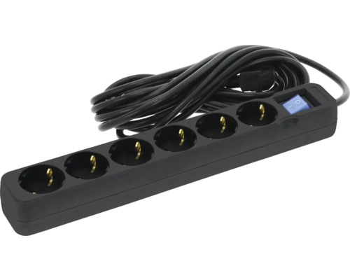 Schwarze 6-fach Steckdosenleiste mit beleuchtetem Schalter und langem Kabel.