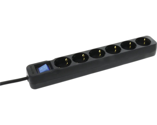 Schwarze 6-fach Steckdosenleiste mit blauem, beleuchtetem Ein- und Ausschalter.
