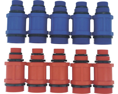 Set aus 10 Schlauchverbindern aus Kunststoff, fünf blau und fivnf rot, mit Außengewinde und schwarzen Dichtungsringen.