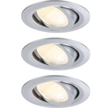 Drei schwenkbare LED Einbaustrahler in runder Form mit metallischer Oberfläche und warmweißem Licht.