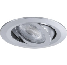 Schwenkbarer LED-Einbaustrahler in runder Form, silberfarben mit strukturierter Linse.