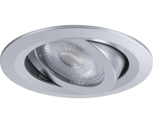 Schwenkbarer LED-Einbaustrahler in runder Form, silberfarben mit strukturierter Linse.