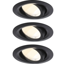 Drei schwenkbare LED Einbaustrahler in Schwarz mit rundem Gehäuse.