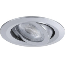 Runder, schwenkbarer LED-Einbaustrahler in Silberoptik mit strukturierter Linse.