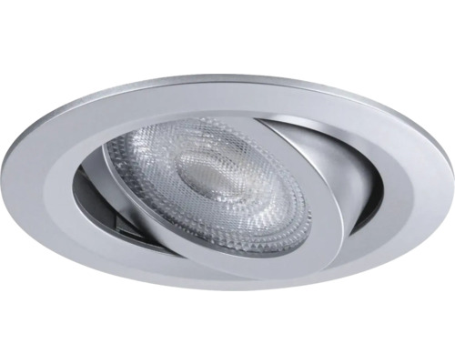Runder, schwenkbarer LED-Einbaustrahler in Silberoptik mit strukturierter Linse.