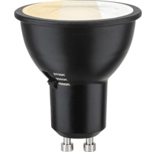 Schwarzes LED-Leuchtmittel mit GU10 Sockel und Schalter für Farbtemperaturen 2700 Kelvin, 3000 Kelvin und 4000 Kelvin.
