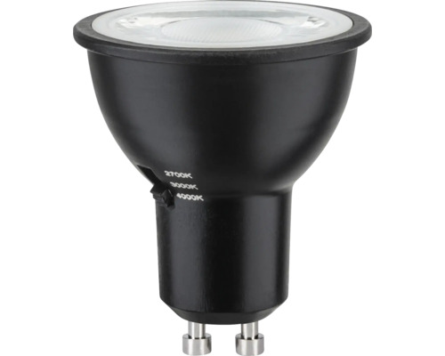 LED-Leuchtmittel GU10 mit Farbtemperaturschalter 2700 Kelvin, 3000 Kelvin, 4000 Kelvin, schwarz.