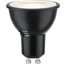 Schwarzes LED-Leuchtmittel mit GU10-Sockel und Farbtemperaturschalter für 2700 Kelvin, 3000 Kelvin oder 4000 Kelvin.