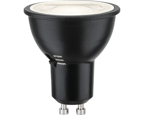 Schwarzes LED-Leuchtmittel mit GU10-Sockel und Farbtemperaturschalter für 2700 Kelvin, 3000 Kelvin oder 4000 Kelvin.