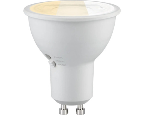 LED-Leuchtmittel GU10 mit Schalter zur Farbtemperaturauswahl 2700 Kelvin bis 4000 Kelvin.