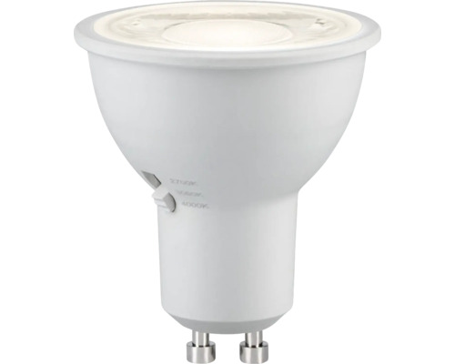 LED Leuchtmittel mit Sockel GU10 und Schalter für Farbtemperaturen von 2700 Kelvin, 3000 Kelvin und 4000 Kelvin.