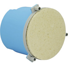 Blaue Unterputzdose mit beiger Mineralfaserplatte zur Elektroinstallation.