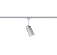 Zylinderförmiger LED-Schienensystem-Spot in Silber, verstellbarer Strahler an einer Schiene.