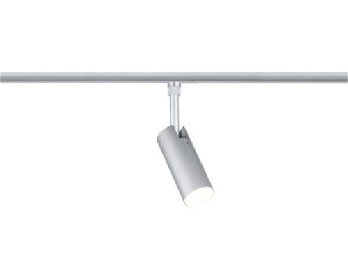 Zylinderförmiger LED-Schienensystem-Spot in Silber, verstellbarer Strahler an einer Schiene.