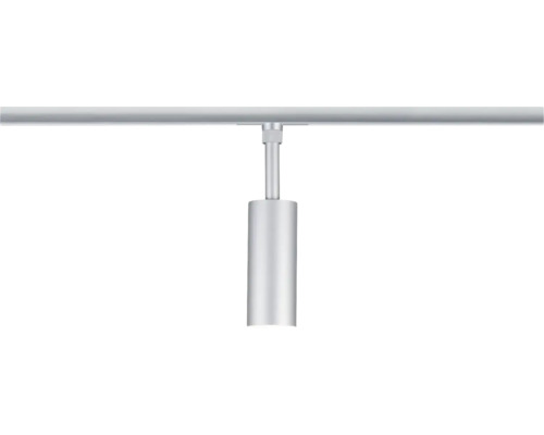 Moderner Schienenstrahler in Zylinderform aus Metall in Silber.