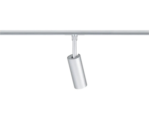 Zylindrischer Strahler aus Metall an einer Schiene für Schienensysteme.