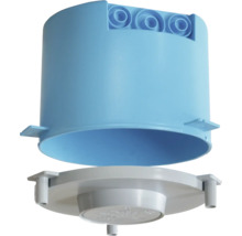 Blaue Decken-Verbindungsdose aus Kunststoff mit grauem Deckel und Montageöffnungen für die Elektroinstallation.