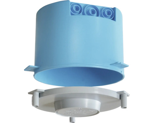 Blaue Decken-Verbindungsdose aus Kunststoff mit grauem Deckel und Montageöffnungen für die Elektroinstallation.