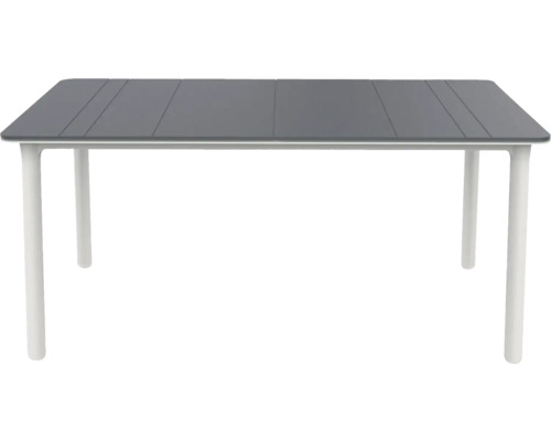 Rechteckiger Gartentisch mit grauer Tischplatte in Lattenoptik und weißen Tischbeinen.