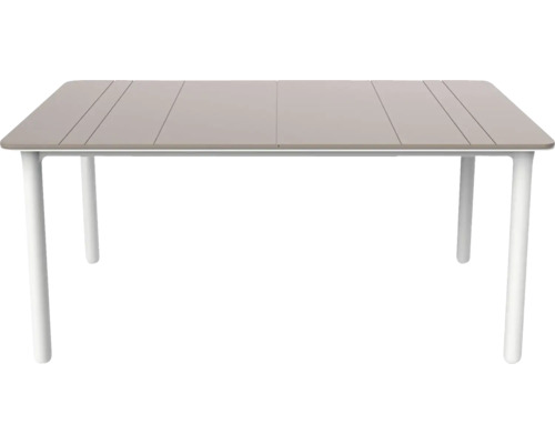 Rechteckiger Gartentisch mit grauer Tischplatte in Lamellenoptik und weißen Beinen.
