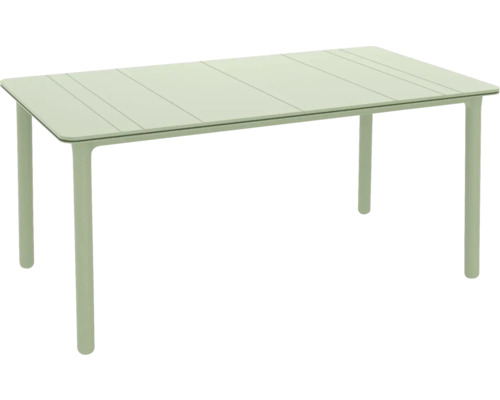 Hellgrüner rechteckiger Gartentisch mit Lamellen-Tischplatte und vier runden Beinen.