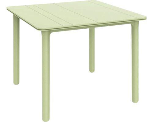 Quadratischer Gartentisch in Hellgrün mit Lattenoptik auf der Tischplatte und vier abgerundeten Beinen.