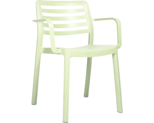 Stapelbarer Gartenstuhl aus Kunststoff mit Armlehnen und Lattenrücken.