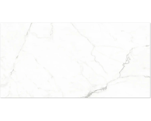 Weiße Fliese in Marmoroptik mit grauer Maserung.