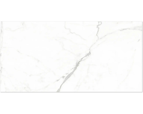 Feinsteinzeugfliese in Marmoroptik mit grauer Maserung für Wand und Boden.