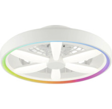 Runder Deckenventilator mit LED-Beleuchtung und farbigem RGB-Ring in Weiß.