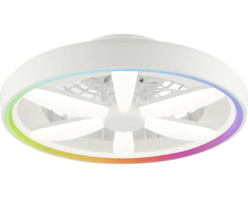 Runder Deckenventilator mit LED-Beleuchtung und farbigem RGB-Ring in Weiß.