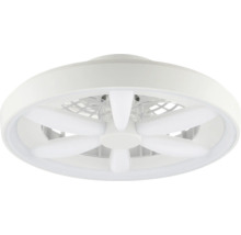 Runder weißer Deckenventilator mit integriertem LED-Lichtring und mehreren weißen Rotorblättern.