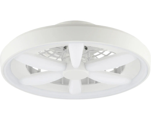 Runder weißer Deckenventilator mit integriertem LED-Lichtring und mehreren weißen Rotorblättern.