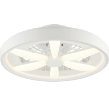 Weiße Deckenleuchte mit integriertem Ventilator, runde Form mit sechs sternförmig angeordneten LED-Lichtsegmenten.